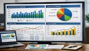 small business owner reviewing financial analysis reports